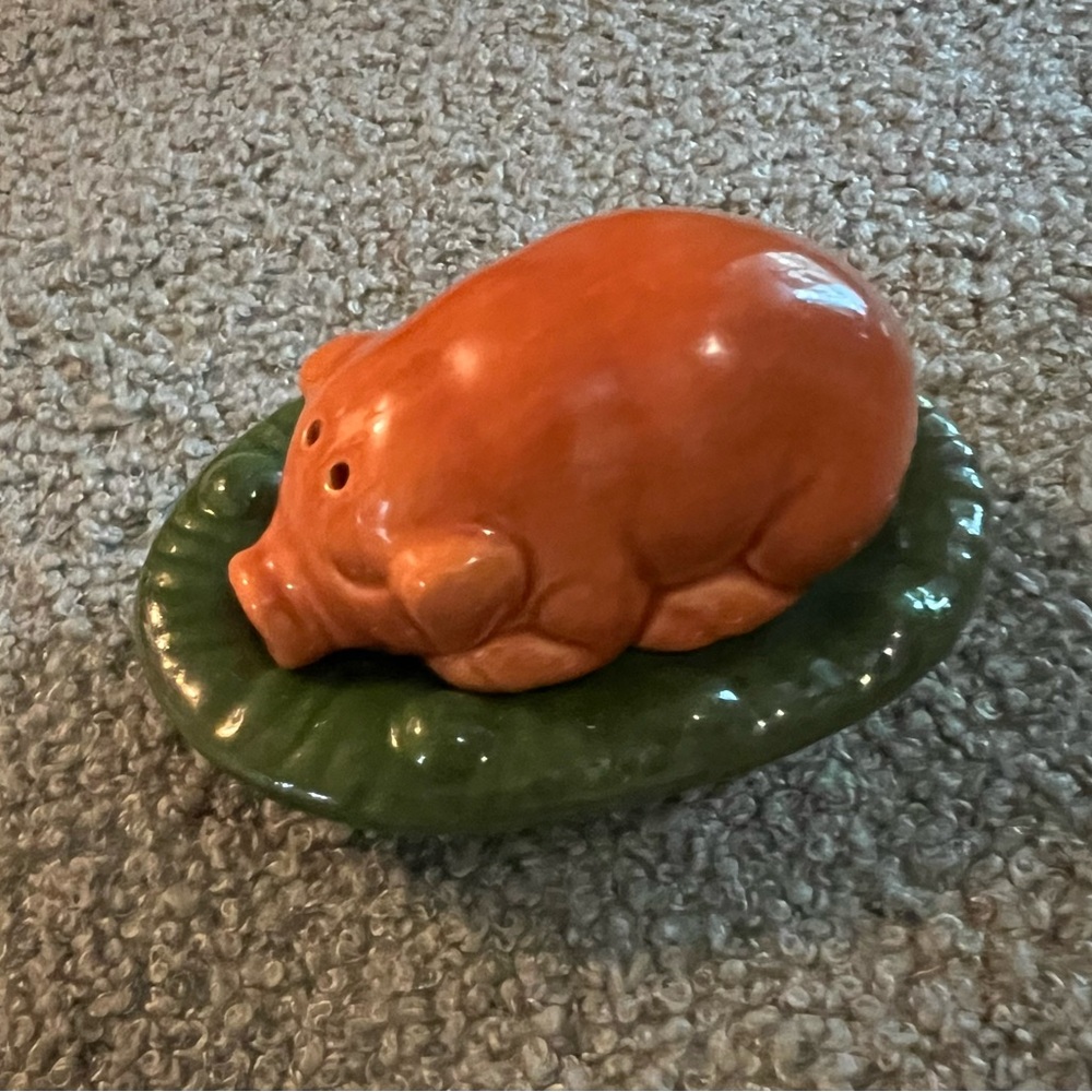 Vintage Salt & pepper Shakers Orange Pig Figurine on Green Base